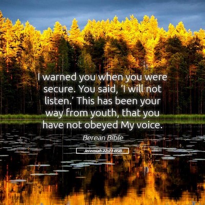 Picture 05 - Jeremiah 22:21 BSB - I warned you when you were secure. You said, ‘I - Bible Verse Picture