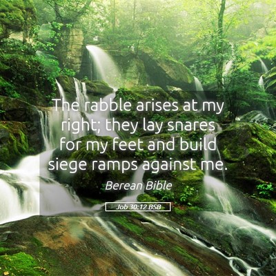 Picture 05 - Job 30:12 BSB - The rabble arises at my right; they lay snares - Bible Verse Picture