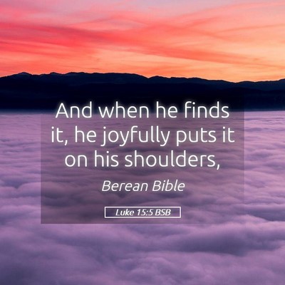 Picture 05 - Luke 15:5 BSB - And when he finds it, he joyfully puts it on his - Bible Verse Picture