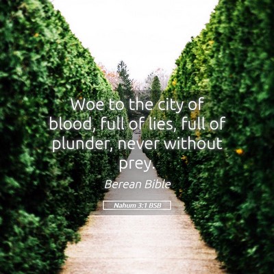 Picture 05 - Nahum 3:1 BSB - Woe to the city of blood, full of lies, full of - Bible Verse Picture
