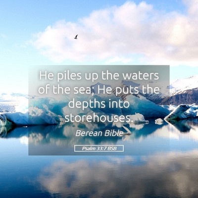 Picture 05 - Psalm 33:7 BSB - He piles up the waters of the sea; He puts the - Bible Verse Picture