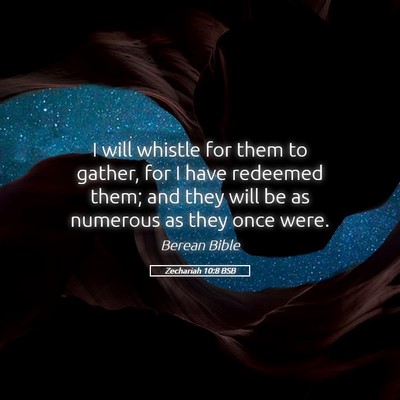 Picture 05 - Zechariah 10:8 BSB - I will whistle for them to gather, for I have - Bible Verse Picture