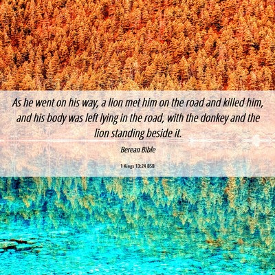 Picture 06 - 1 Kings 13:24 BSB - As he went on his way, a lion met him on the road - Bible Verse Picture