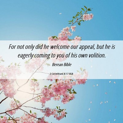 Picture 06 - 2 Corinthians 8:17 BSB - For not only did he welcome our appeal, but he is - Bible Verse Picture