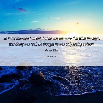 Picture 06 - Acts 12:9 BSB - So Peter followed him out, but he was unaware - Bible Verse Picture