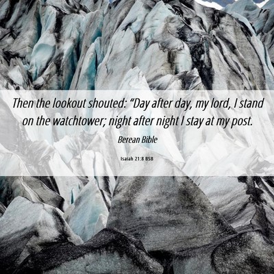 Picture 06 - Isaiah 21:8 BSB - Then the lookout shouted: “Day after day, my - Bible Verse Picture