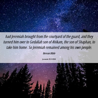 Picture 06 - Jeremiah 39:14 BSB - had Jeremiah brought from the courtyard of the - Bible Verse Picture