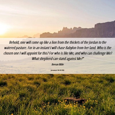 Picture 06 - Jeremiah 50:44 BSB - Behold, one will come up like a lion from the - Bible Verse Picture