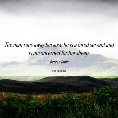 Picture 06 - John 10:13 BSB - The man runs away because he is a hired servant - Bible Verse Picture