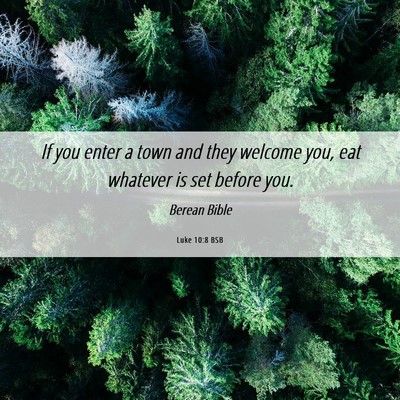 Picture 06 - Luke 10:8 BSB - If you enter a town and they welcome you, eat - Bible Verse Picture