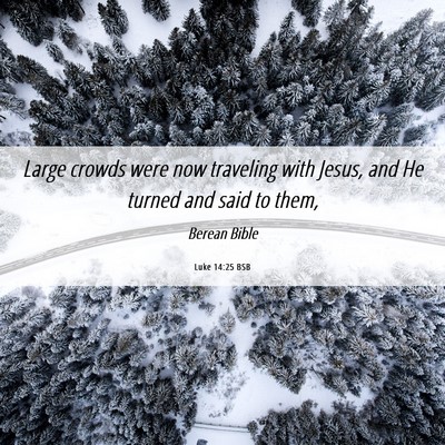 Picture 06 - Luke 14:25 BSB - Large crowds were now traveling with Jesus, and - Bible Verse Picture