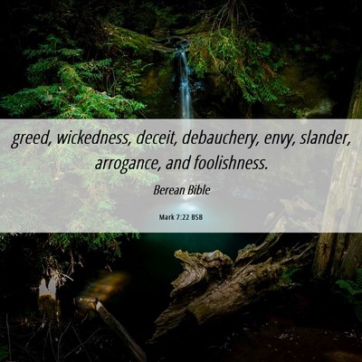 Picture 06 - Mark 7:22 BSB - greed, wickedness, deceit, debauchery, envy, - Bible Verse Picture