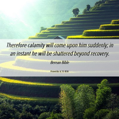 Picture 06 - Proverbs 6:15 BSB - Therefore calamity will come upon him suddenly; - Bible Verse Picture