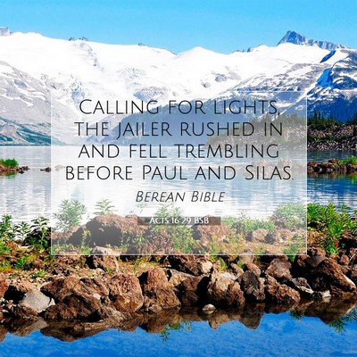 Picture 07 - Acts 16:29 BSB - Calling for lights, the jailer rushed in and fell - Bible Verse Picture