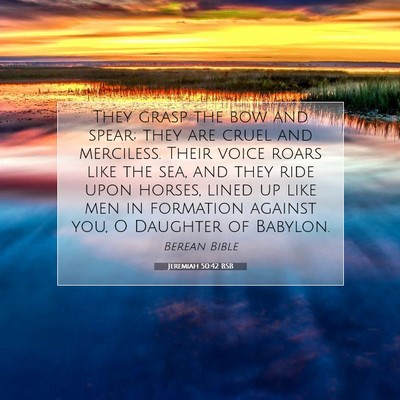Picture 07 - Jeremiah 50:42 BSB - They grasp the bow and spear; they are cruel and - Bible Verse Picture