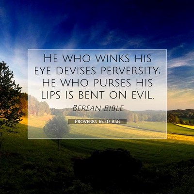 Picture 07 - Proverbs 16:30 BSB - He who winks his eye devises perversity; he who - Bible Verse Picture
