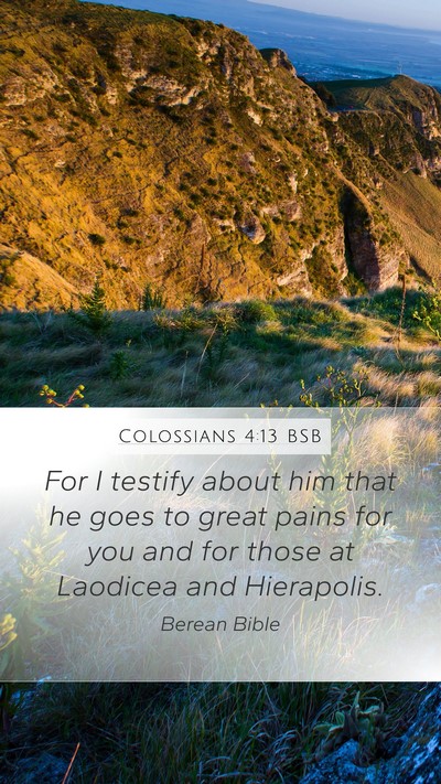 Colossians 4:13 BSB Mobile Phone Wallpaper - For I testify about him that he goes to great - Mobile Bible Verse Wallpaper