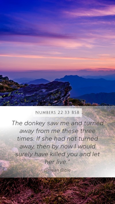 Numbers 22:33 BSB Mobile Phone Wallpaper - The donkey saw me and turned away from me these - Mobile Bible Verse Wallpaper